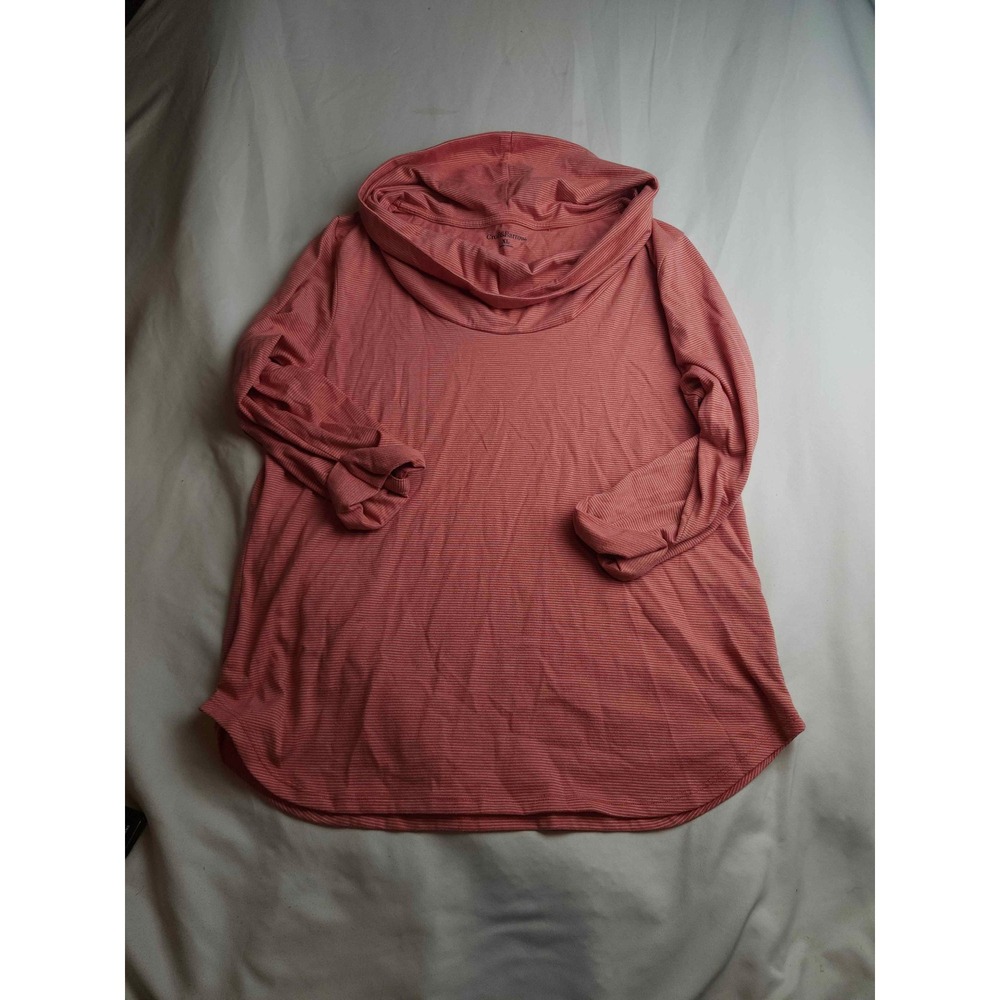 Croft & Barrow Womens XL Coral Stripe Cowl Neck Roll Tab Sleeve Top Pullover